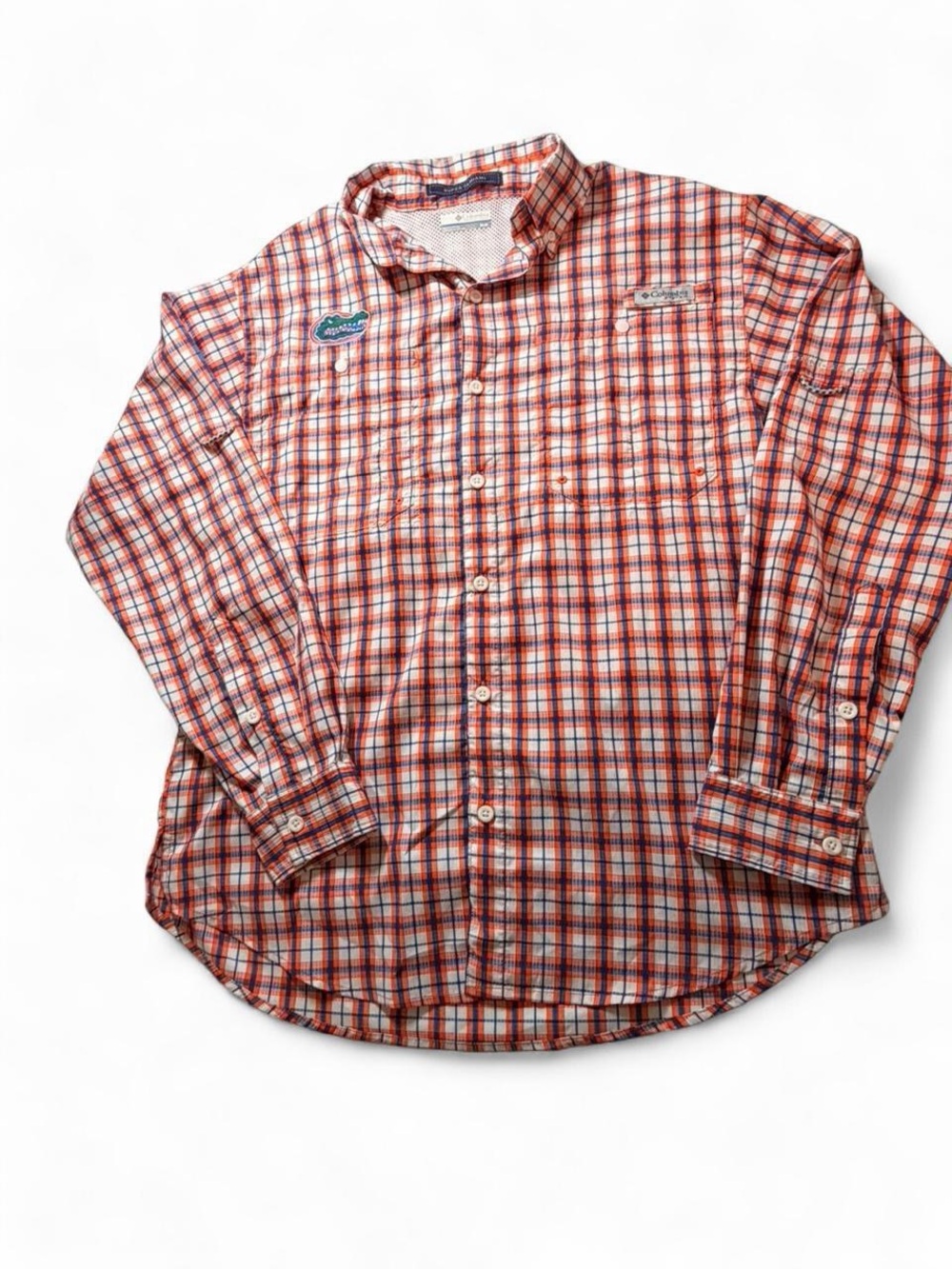 Columbia Mens M Super Tamiami Plaid Long Sleeve Button Up Shirt Gators Logo